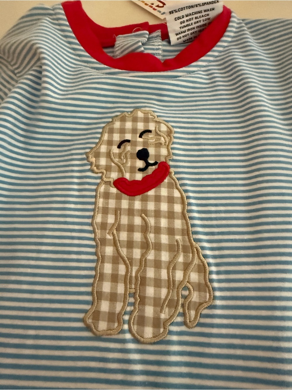 Jelly Beans Blue & White Stripe Dog Applique Pajama Top with Red Trim
